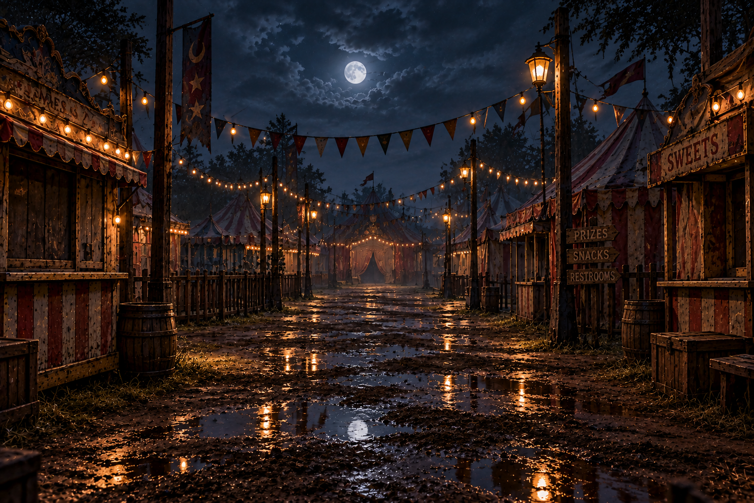 An empty moonlit carnival, with old striped tents and warm lamplight reflected in puddles.