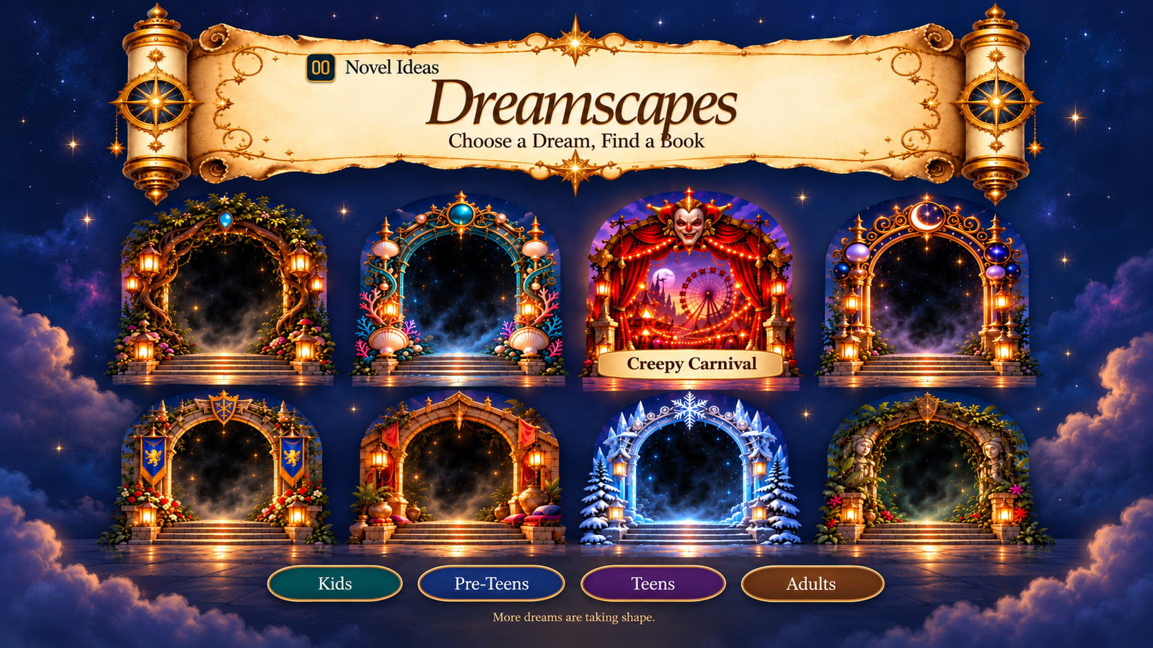 An ornate Dreamscapes parchment banner above eight magical portals in two rows of four. Creepy Carnival is the third portal in the top row; the other seven contain stars and mist.